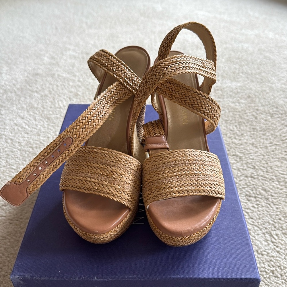 Stuart Weitzman Rifraffia - Camel Laniard - wedge sandal - size 7